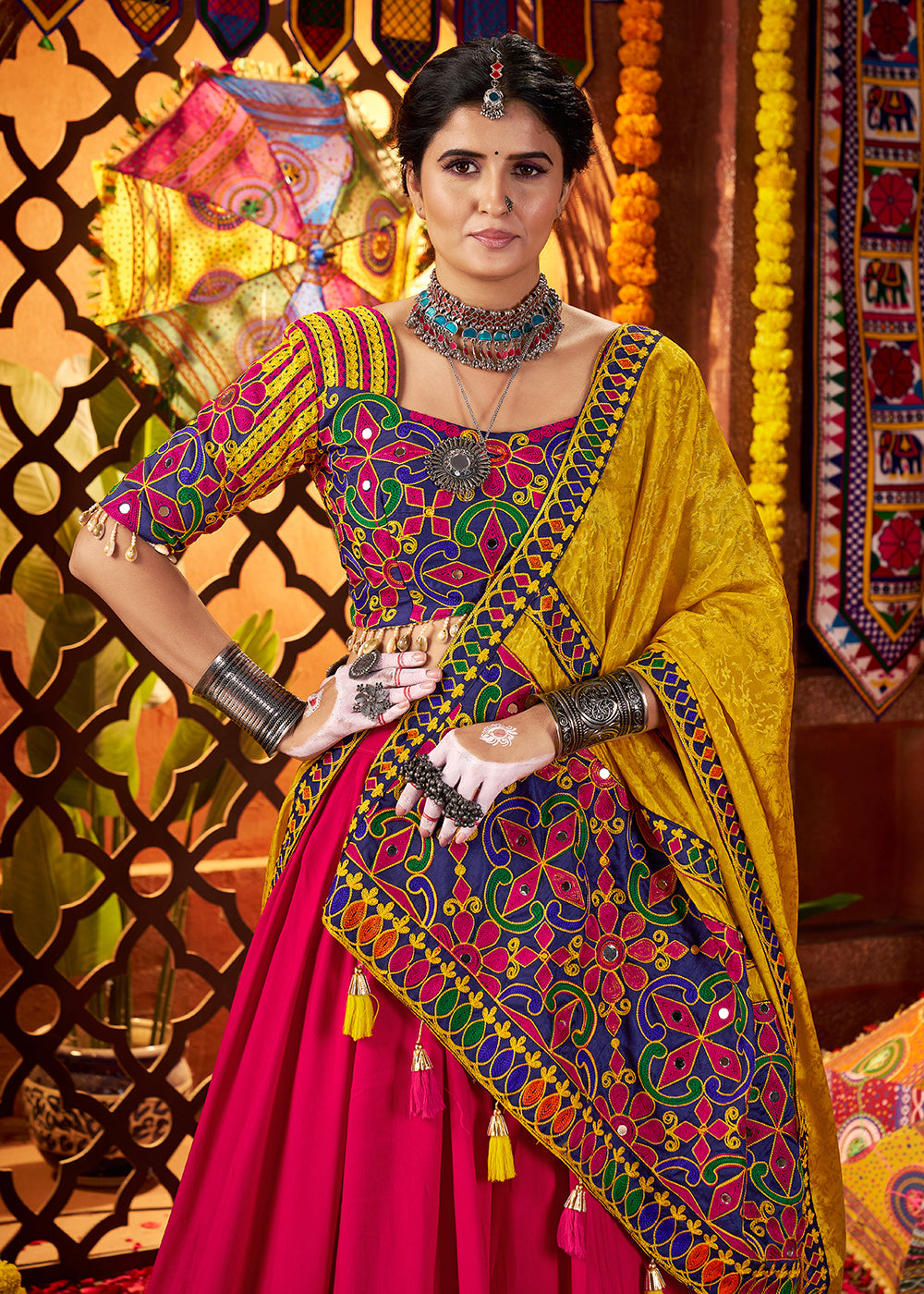 Buy Now Multi Red & Yellow Navratri Special Chaniya Choli Online in US, UK, Canada, France, Germany, Italy, Singapore, UAE & Worldwide at Empress Clothing.