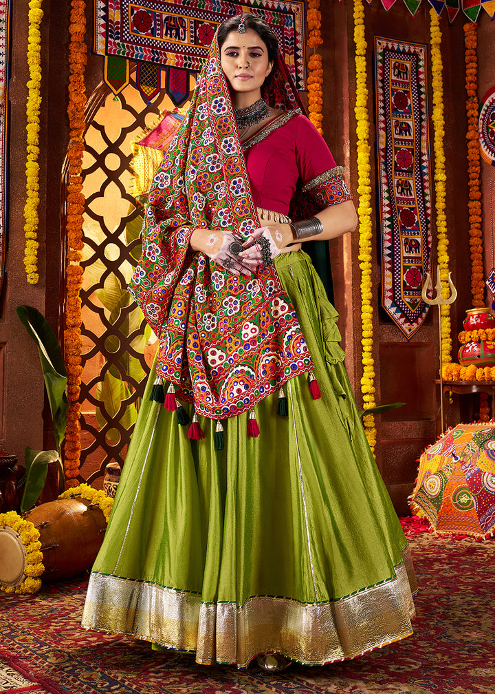 Buy Now Multi Green & Red Navratri Special Chaniya Choli Online in US, UK, Canada, France, Germany, Italy, Singapore, UAE & Worldwide at Empress Clothing.