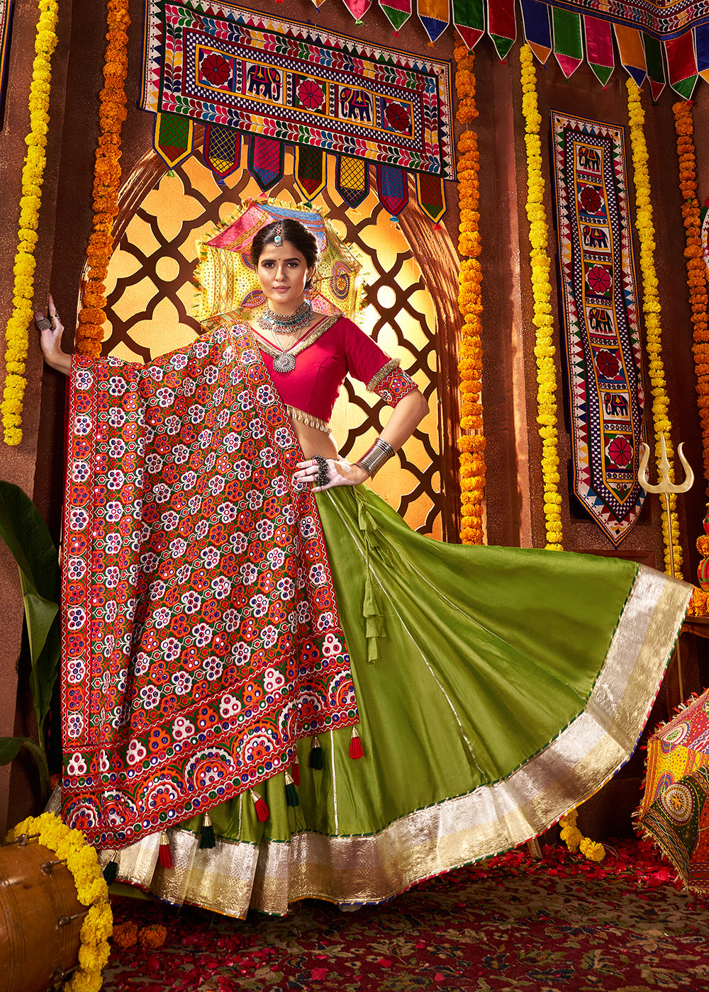 Buy Now Multi Green & Red Navratri Special Chaniya Choli Online in US, UK, Canada, France, Germany, Italy, Singapore, UAE & Worldwide at Empress Clothing.