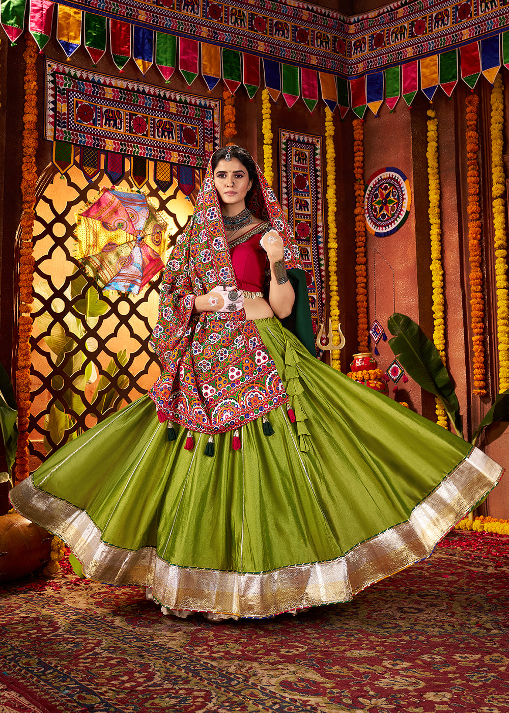 Buy Now Multi Green & Red Navratri Special Chaniya Choli Online in US, UK, Canada, France, Germany, Italy, Singapore, UAE & Worldwide at Empress Clothing.