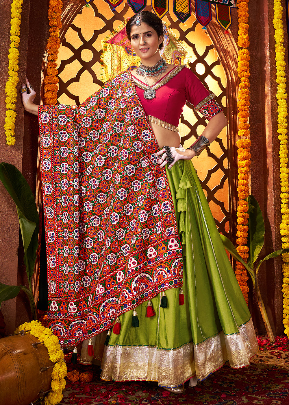 Buy Now Multi Green & Red Navratri Special Chaniya Choli Online in US, UK, Canada, France, Germany, Italy, Singapore, UAE & Worldwide at Empress Clothing.