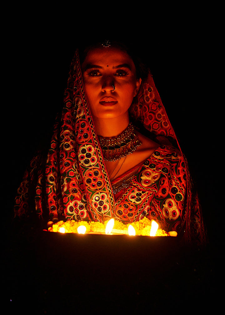 Buy Now Multi Green & Red Navratri Special Chaniya Choli Online in US, UK, Canada, France, Germany, Italy, Singapore, UAE & Worldwide at Empress Clothing.