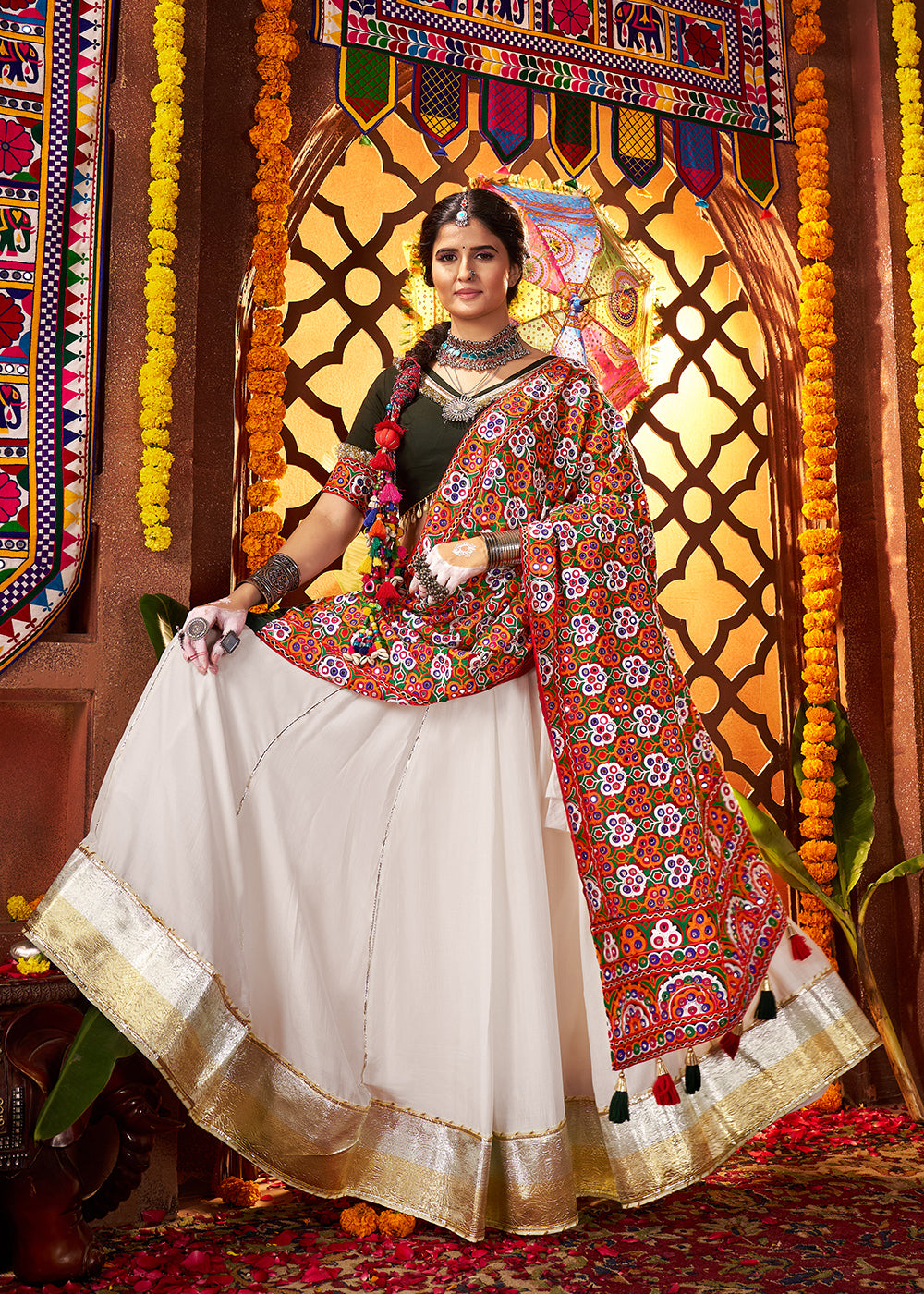 Buy Now Multi White & Black Navratri Special Chaniya Choli Online in US, UK, Canada, France, Germany, Italy, Singapore, UAE & Worldwide at Empress Clothing.