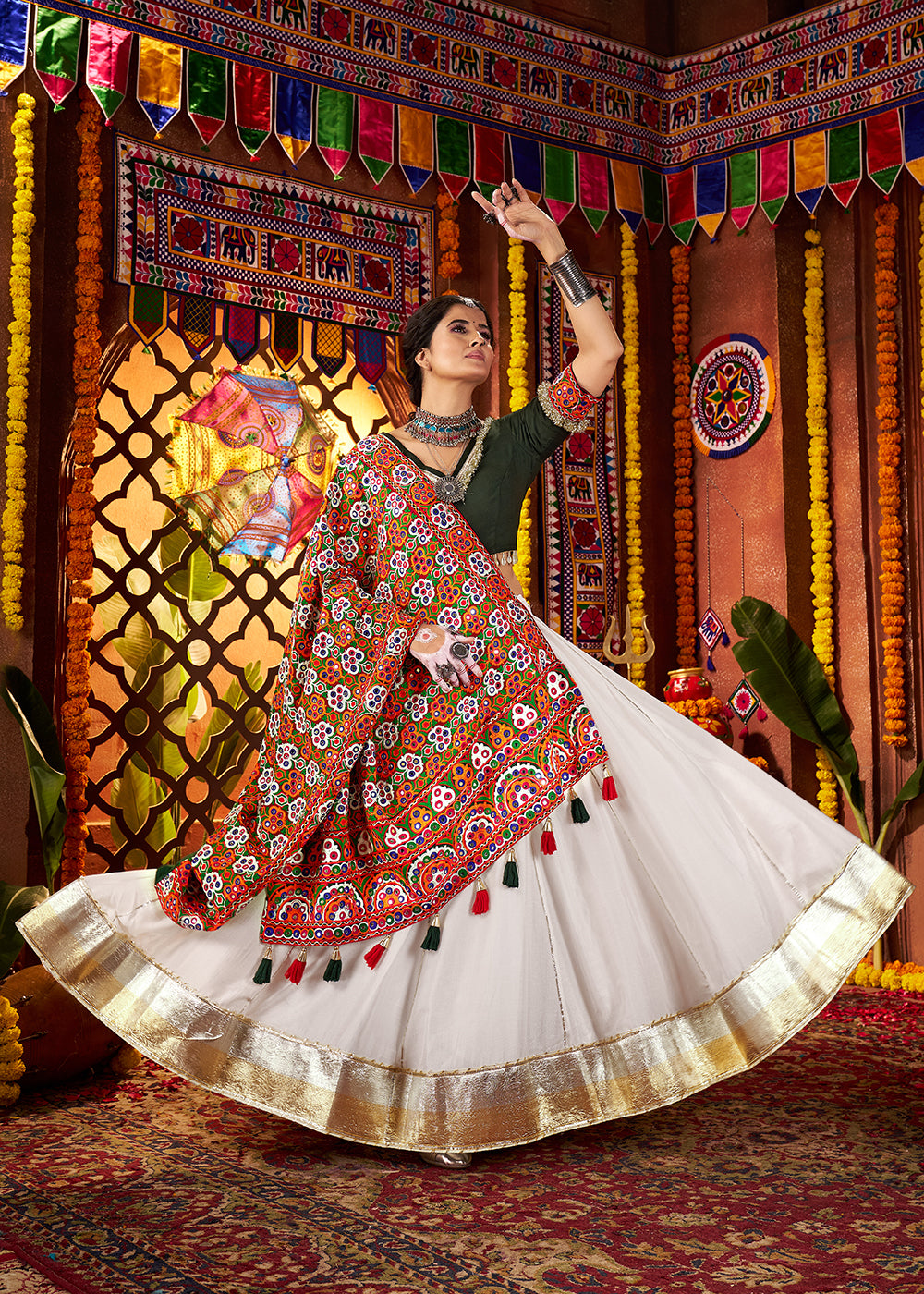 Buy Now Multi White & Black Navratri Special Chaniya Choli Online in US, UK, Canada, France, Germany, Italy, Singapore, UAE & Worldwide at Empress Clothing.