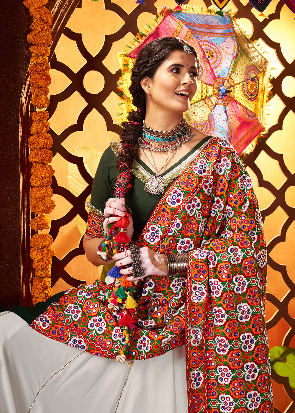 Buy Now Multi White & Black Navratri Special Chaniya Choli Online in US, UK, Canada, France, Germany, Italy, Singapore, UAE & Worldwide at Empress Clothing.