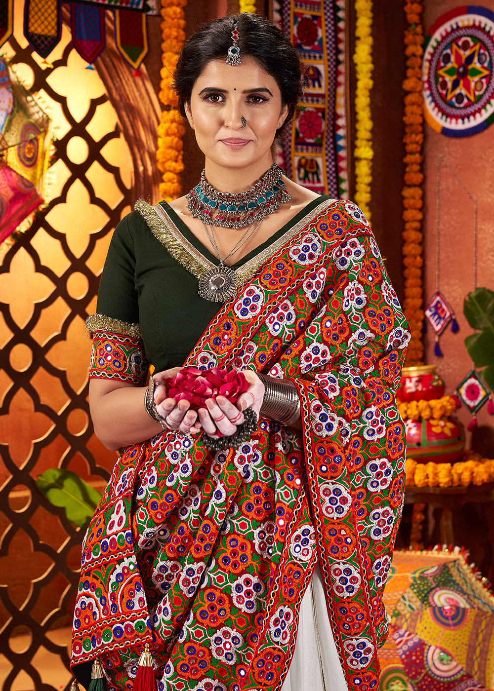 Buy Now Multi White & Black Navratri Special Chaniya Choli Online in US, UK, Canada, France, Germany, Italy, Singapore, UAE & Worldwide at Empress Clothing.