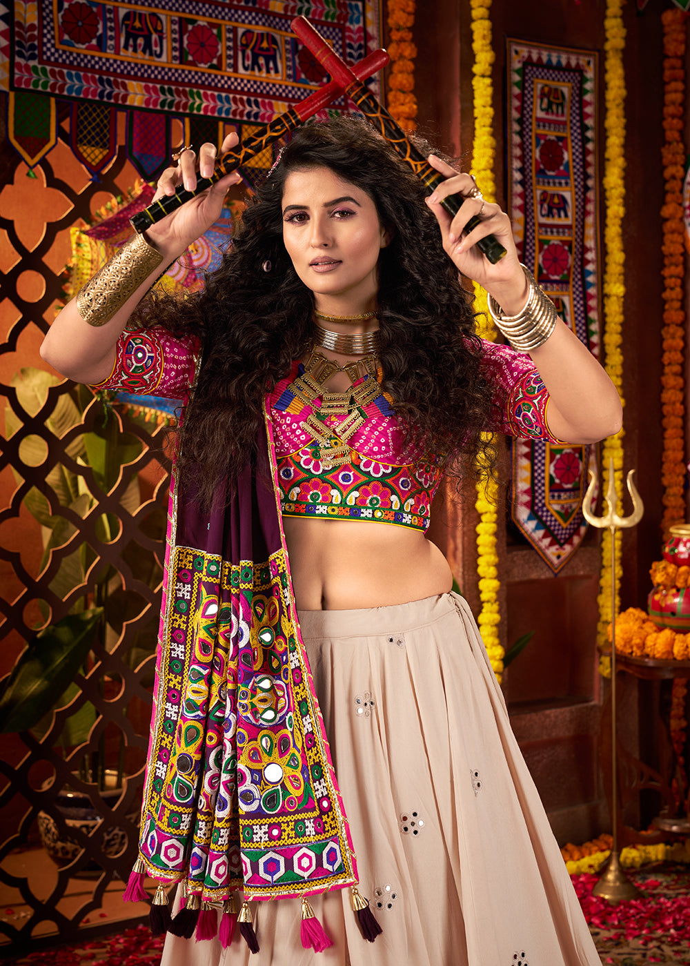 Buy Beige & Pink Viscose Cotton Mirror Chaniya Choli for Navratri Online in US, UK, Canada, France, Germany, Italy, Singapore, UAE & Worldwide at Empress.