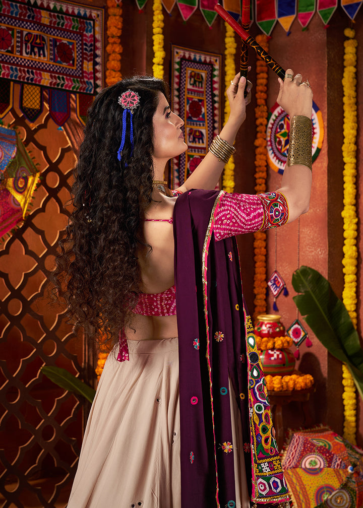 Buy Beige & Pink Viscose Cotton Mirror Chaniya Choli for Navratri Online in US, UK, Canada, France, Germany, Italy, Singapore, UAE & Worldwide at Empress.