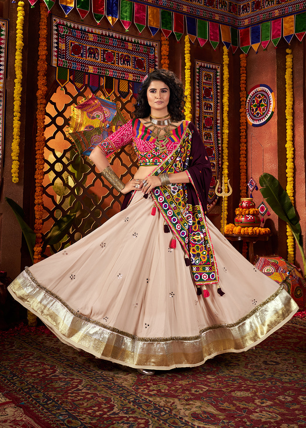 Buy Beige & Pink Viscose Cotton Mirror Chaniya Choli for Navratri Online in US, UK, Canada, France, Germany, Italy, Singapore, UAE & Worldwide at Empress.