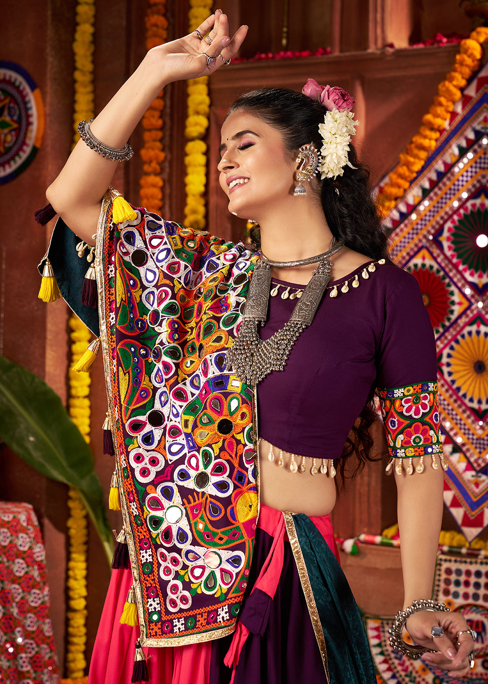 Buy Multi & Purple Viscose Cotton Mirror Chaniya Choli for Navratri Online in US, UK, Canada, France, Germany, Italy, Singapore, UAE & Worldwide at Empress.