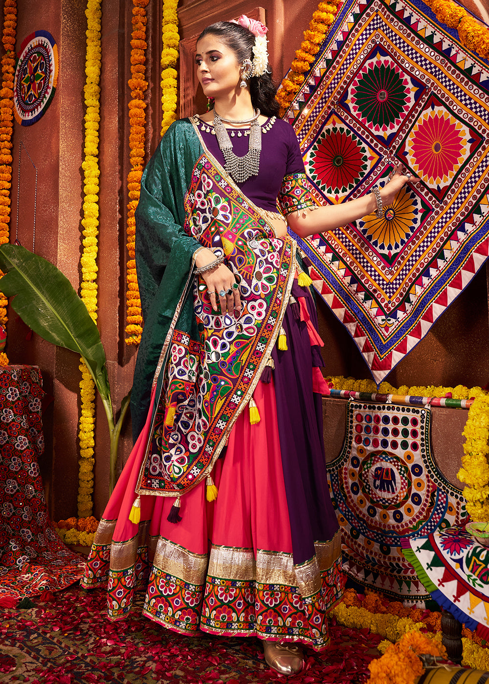 Buy Multi & Purple Viscose Cotton Mirror Chaniya Choli for Navratri Online in US, UK, Canada, France, Germany, Italy, Singapore, UAE & Worldwide at Empress.