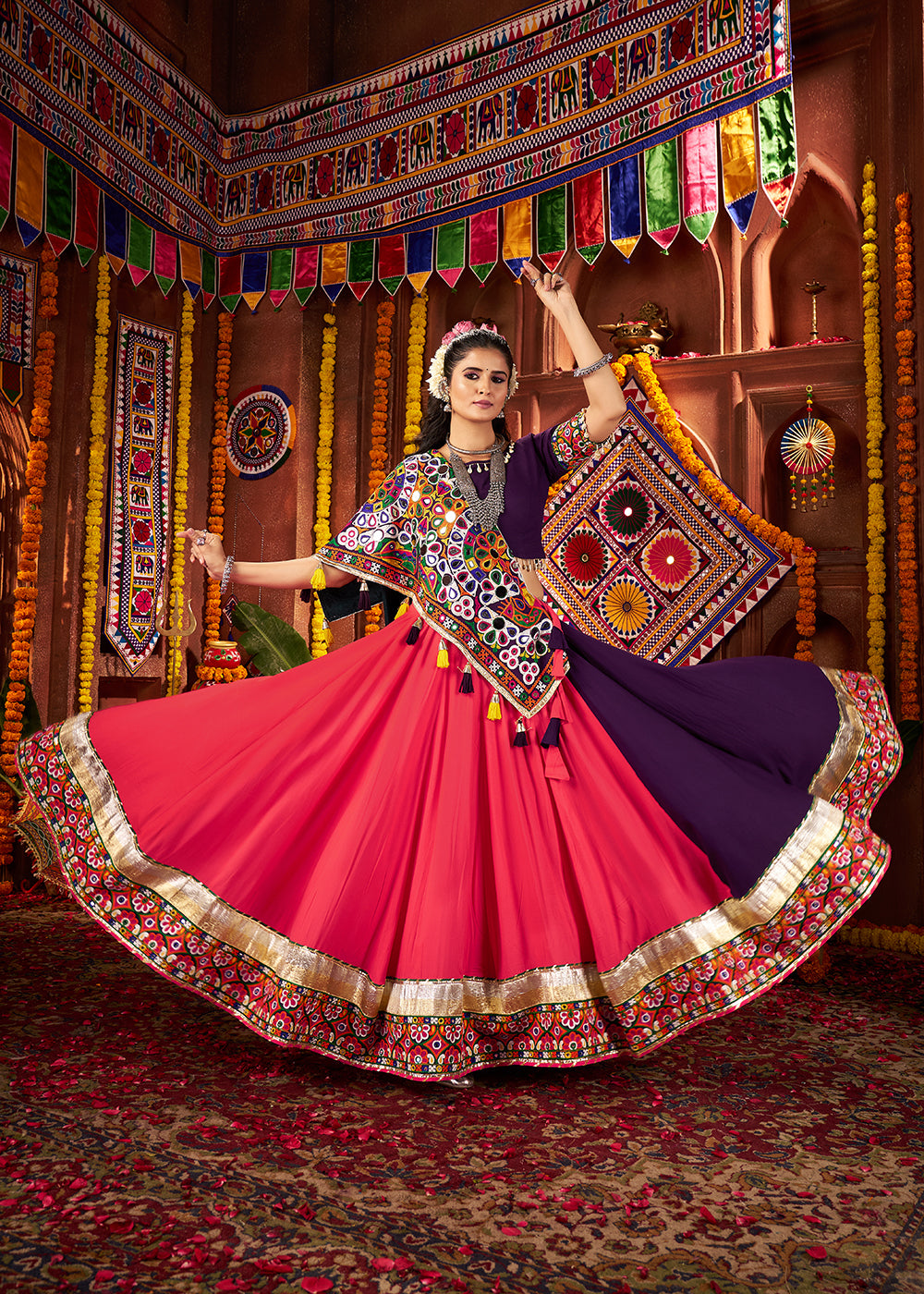 Buy Multi & Purple Viscose Cotton Mirror Chaniya Choli for Navratri Online in US, UK, Canada, France, Germany, Italy, Singapore, UAE & Worldwide at Empress.