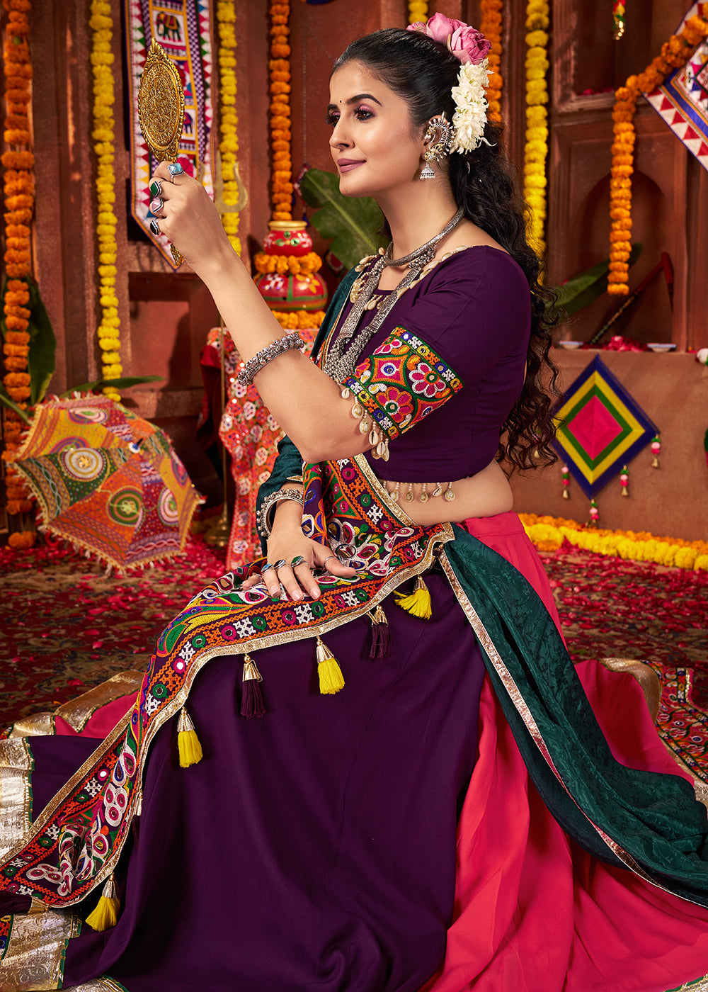 Buy Multi & Purple Viscose Cotton Mirror Chaniya Choli for Navratri Online in US, UK, Canada, France, Germany, Italy, Singapore, UAE & Worldwide at Empress.