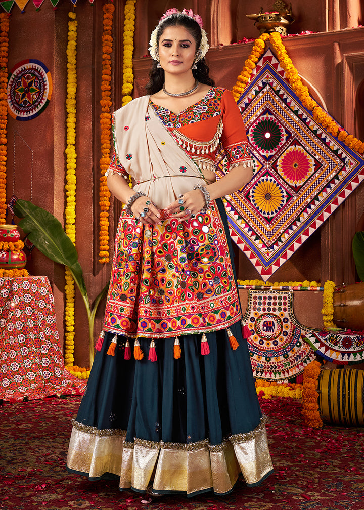 Buy Teal & Orange Viscose Cotton Mirror Chaniya Choli for Navratri Online in US, UK, Canada, France, Germany, Italy, Singapore, UAE & Worldwide at Empress.