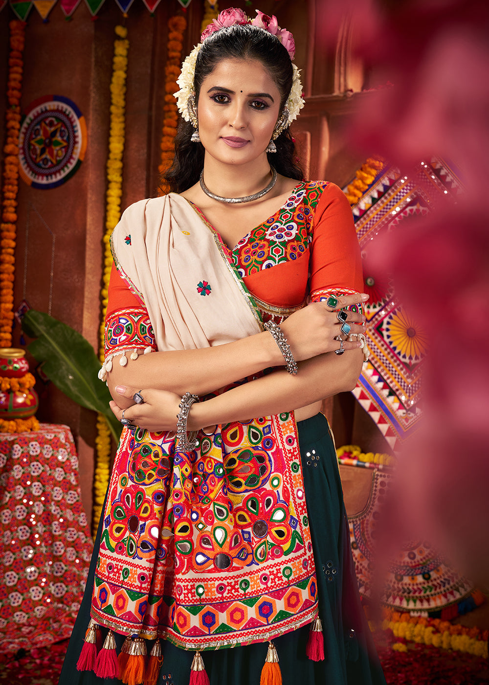 Buy Teal & Orange Viscose Cotton Mirror Chaniya Choli for Navratri Online in US, UK, Canada, France, Germany, Italy, Singapore, UAE & Worldwide at Empress.