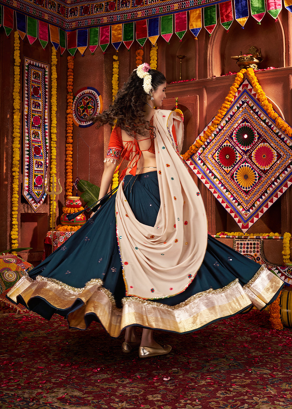 Buy Teal & Orange Viscose Cotton Mirror Chaniya Choli for Navratri Online in US, UK, Canada, France, Germany, Italy, Singapore, UAE & Worldwide at Empress.