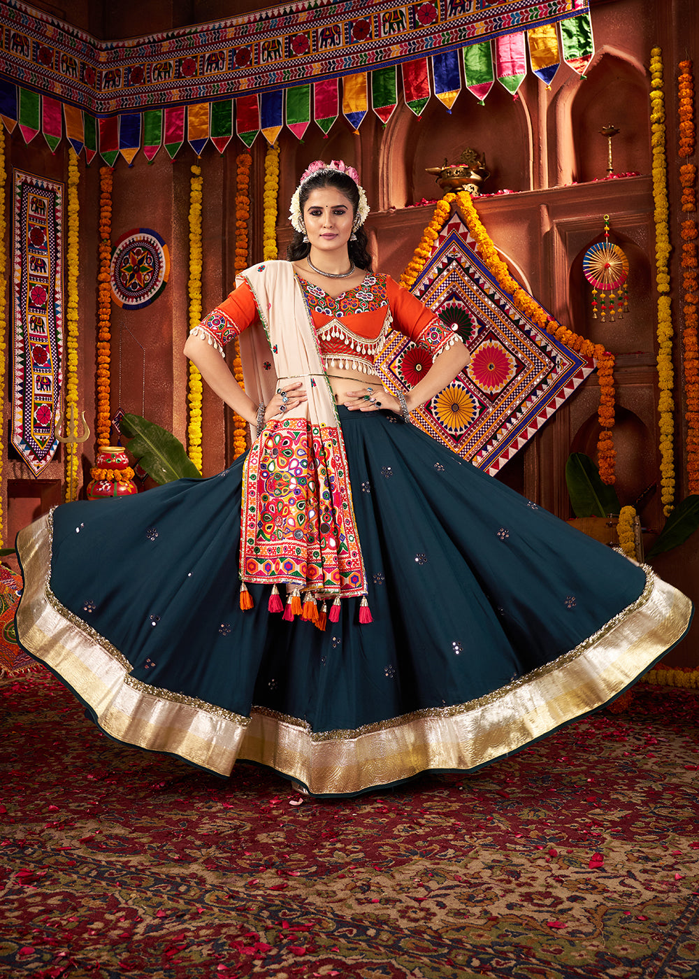 Buy Teal & Orange Viscose Cotton Mirror Chaniya Choli for Navratri Online in US, UK, Canada, France, Germany, Italy, Singapore, UAE & Worldwide at Empress.