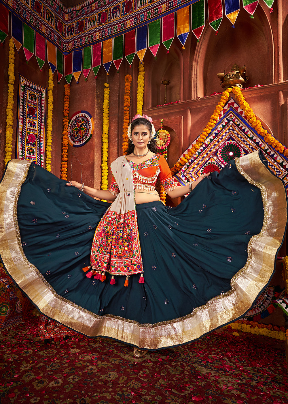 Buy Teal & Orange Viscose Cotton Mirror Chaniya Choli for Navratri Online in US, UK, Canada, France, Germany, Italy, Singapore, UAE & Worldwide at Empress.