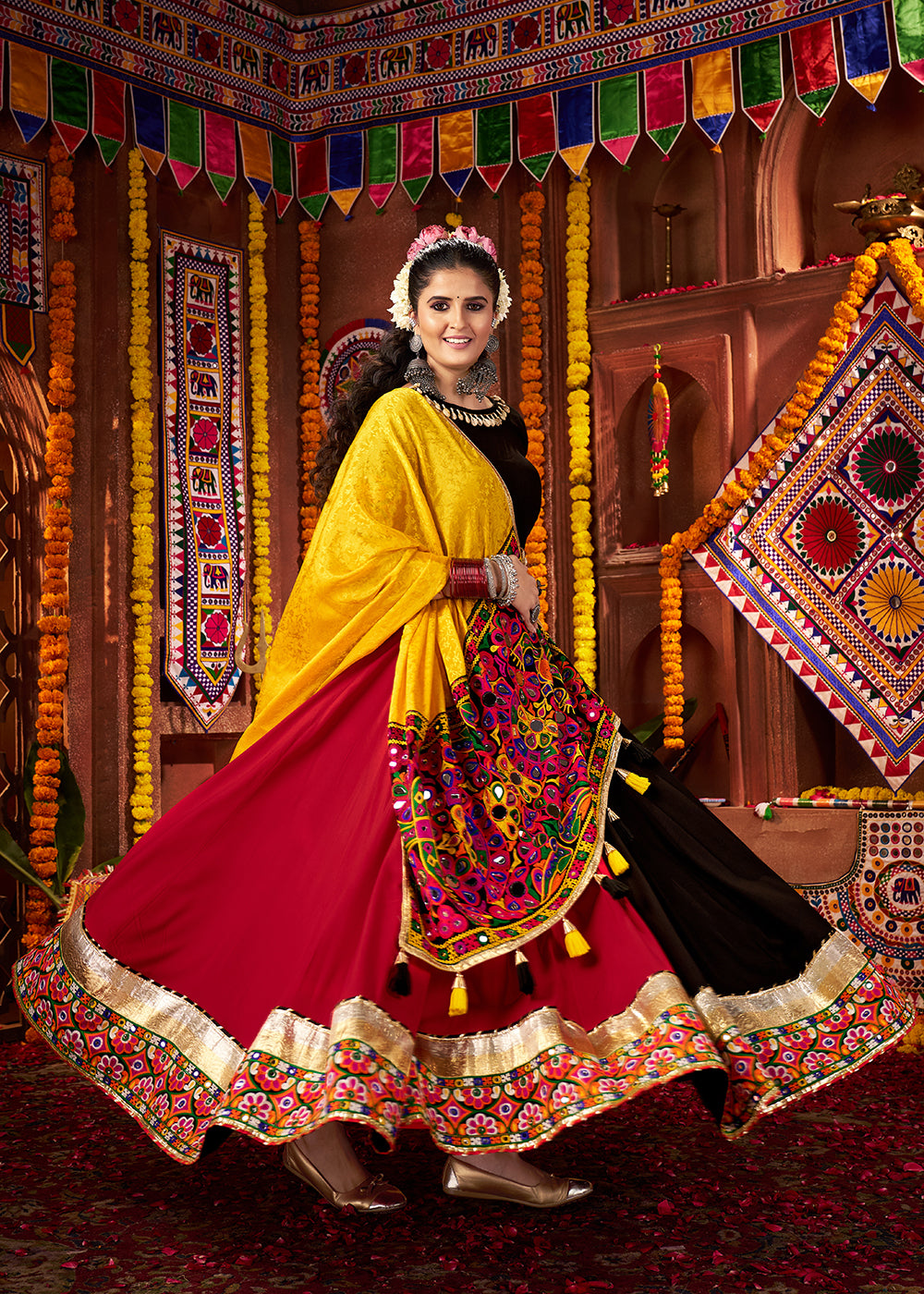 Buy Multi & Black Viscose Cotton Mirror Chaniya Choli for Navratri Online in US, UK, Canada, France, Germany, Italy, Singapore, UAE & Worldwide at Empress.