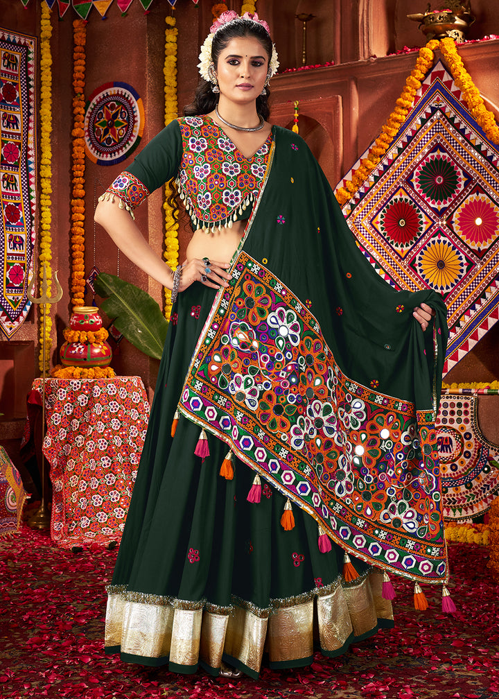 Buy Green Viscose Cotton Mirror Chaniya Choli for Navratri Online in US, UK, Canada, France, Germany, Italy, Singapore, UAE, Austria & Worldwide at Empress.