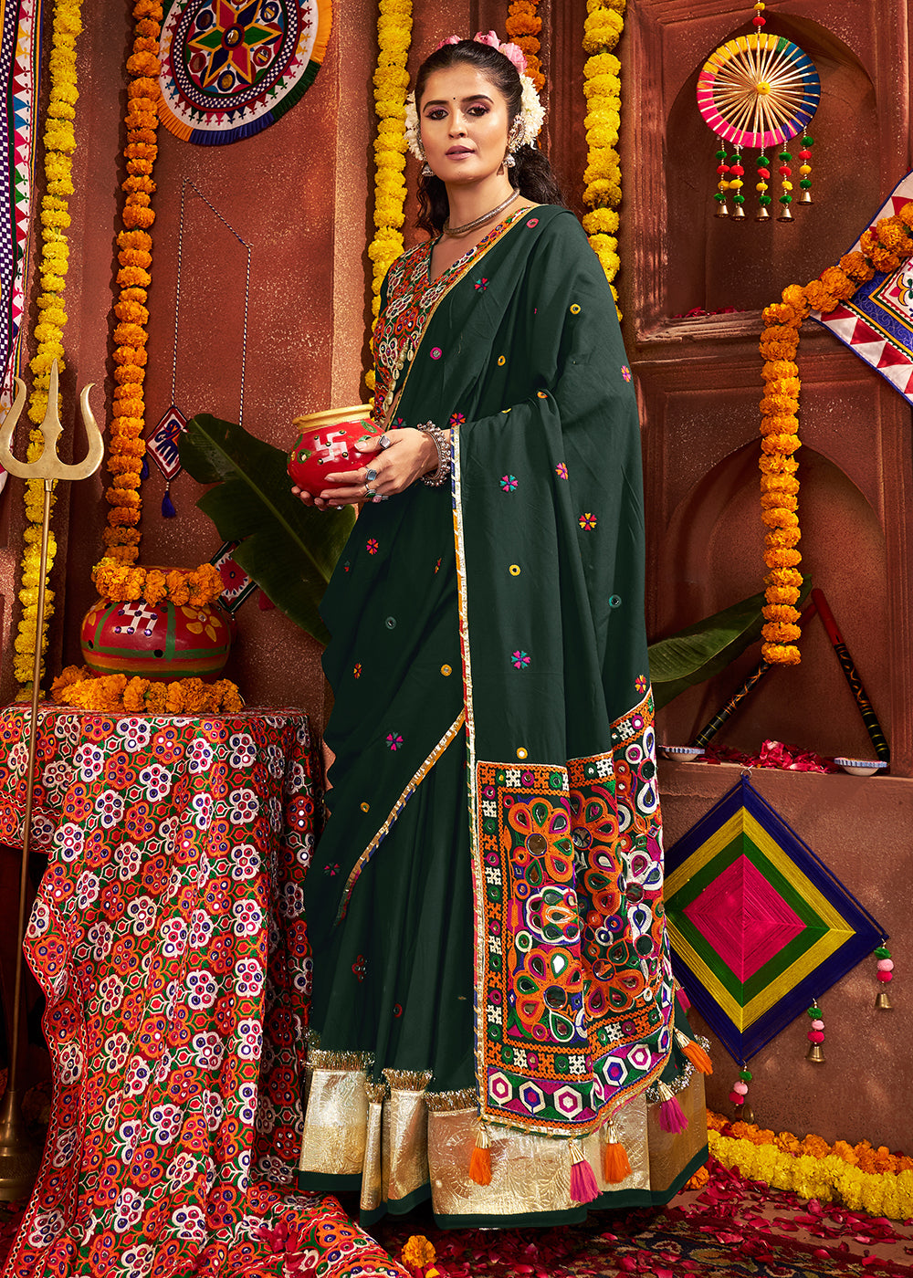 Buy Green Viscose Cotton Mirror Chaniya Choli for Navratri Online in US, UK, Canada, France, Germany, Italy, Singapore, UAE, Austria & Worldwide at Empress.