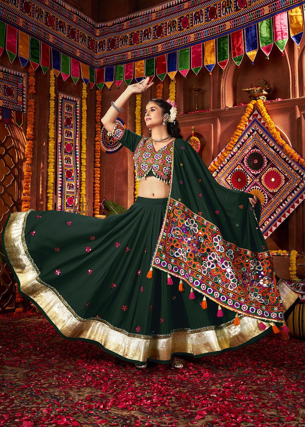 Buy Green Viscose Cotton Mirror Chaniya Choli for Navratri Online in US, UK, Canada, France, Germany, Italy, Singapore, UAE, Austria & Worldwide at Empress.