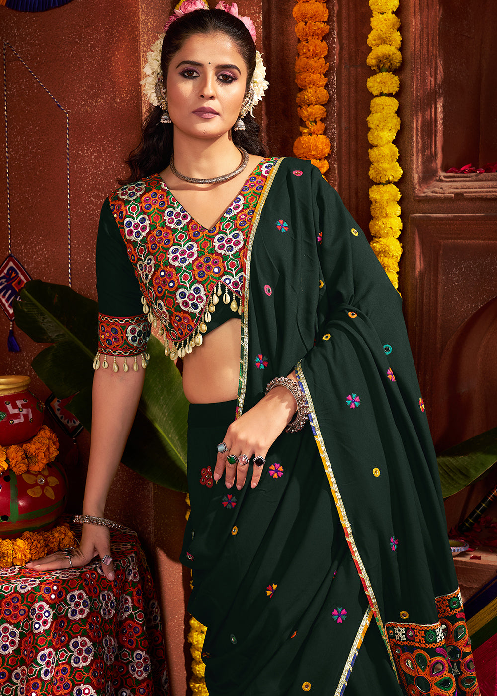 Buy Green Viscose Cotton Mirror Chaniya Choli for Navratri Online in US, UK, Canada, France, Germany, Italy, Singapore, UAE, Austria & Worldwide at Empress.