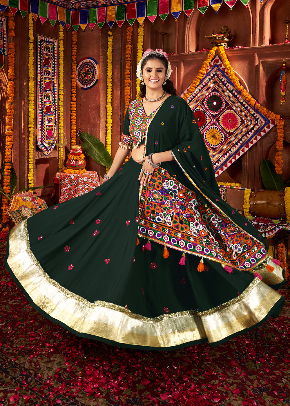 Buy Green Viscose Cotton Mirror Chaniya Choli for Navratri Online in US, UK, Canada, France, Germany, Italy, Singapore, UAE, Austria & Worldwide at Empress.