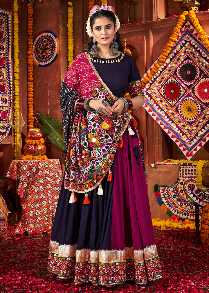 Buy Multi & Navy Viscose Cotton Mirror Chaniya Choli for Navratri Online in US, UK, Canada, France, Germany, Italy, Singapore, Austria & Worldwide at Empress.