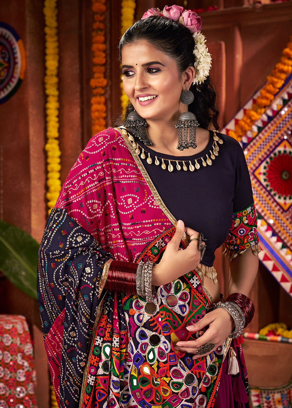 Buy Multi & Navy Viscose Cotton Mirror Chaniya Choli for Navratri Online in US, UK, Canada, France, Germany, Italy, Singapore, Austria & Worldwide at Empress.