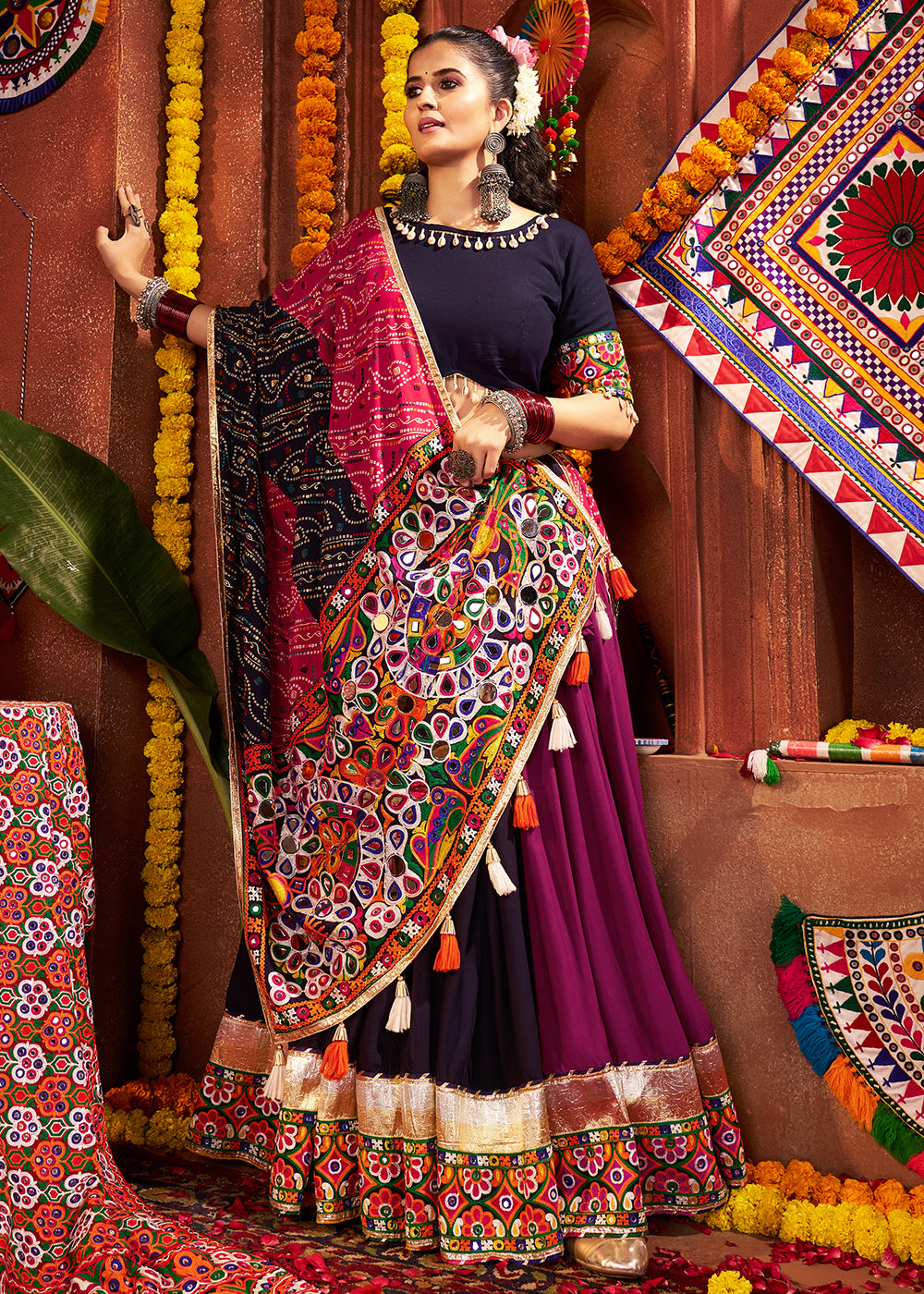 Buy Multi & Navy Viscose Cotton Mirror Chaniya Choli for Navratri Online in US, UK, Canada, France, Germany, Italy, Singapore, Austria & Worldwide at Empress.