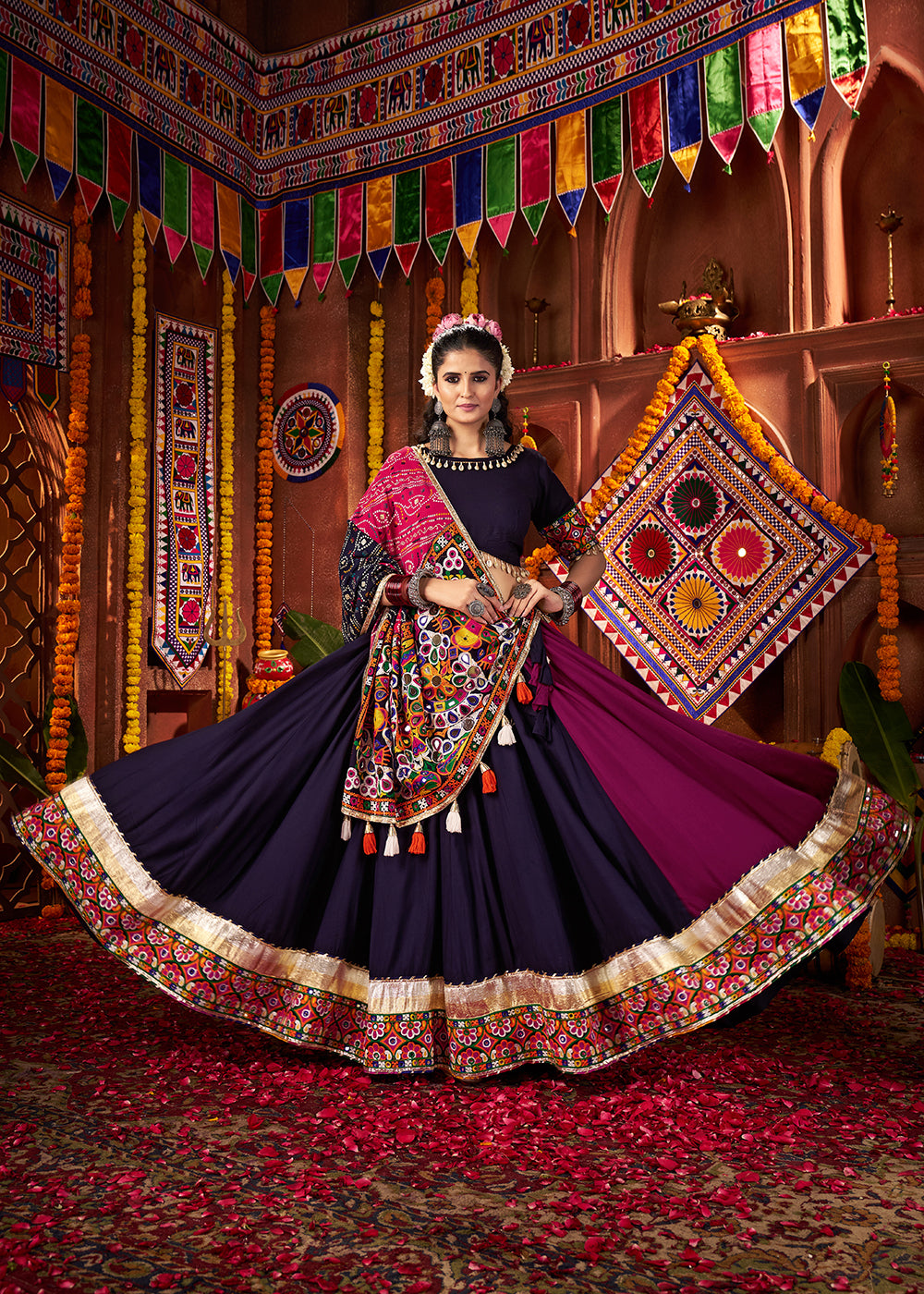 Buy Multi & Navy Viscose Cotton Mirror Chaniya Choli for Navratri Online in US, UK, Canada, France, Germany, Italy, Singapore, Austria & Worldwide at Empress.