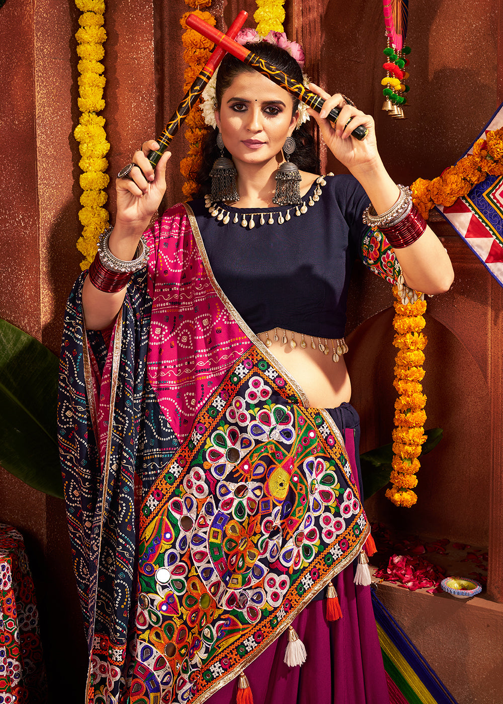 Buy Multi & Navy Viscose Cotton Mirror Chaniya Choli for Navratri Online in US, UK, Canada, France, Germany, Italy, Singapore, Austria & Worldwide at Empress.