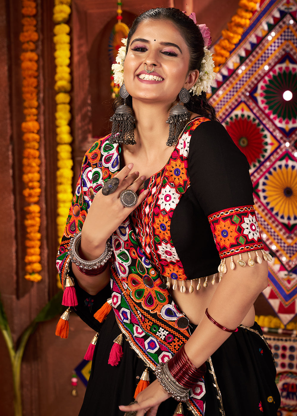 Buy Black Viscose Cotton Mirror Chaniya Choli for Navratri Online in US, UK, Canada, France, Germany, Italy, Singapore, Austria, UAE & Worldwide at Empress.