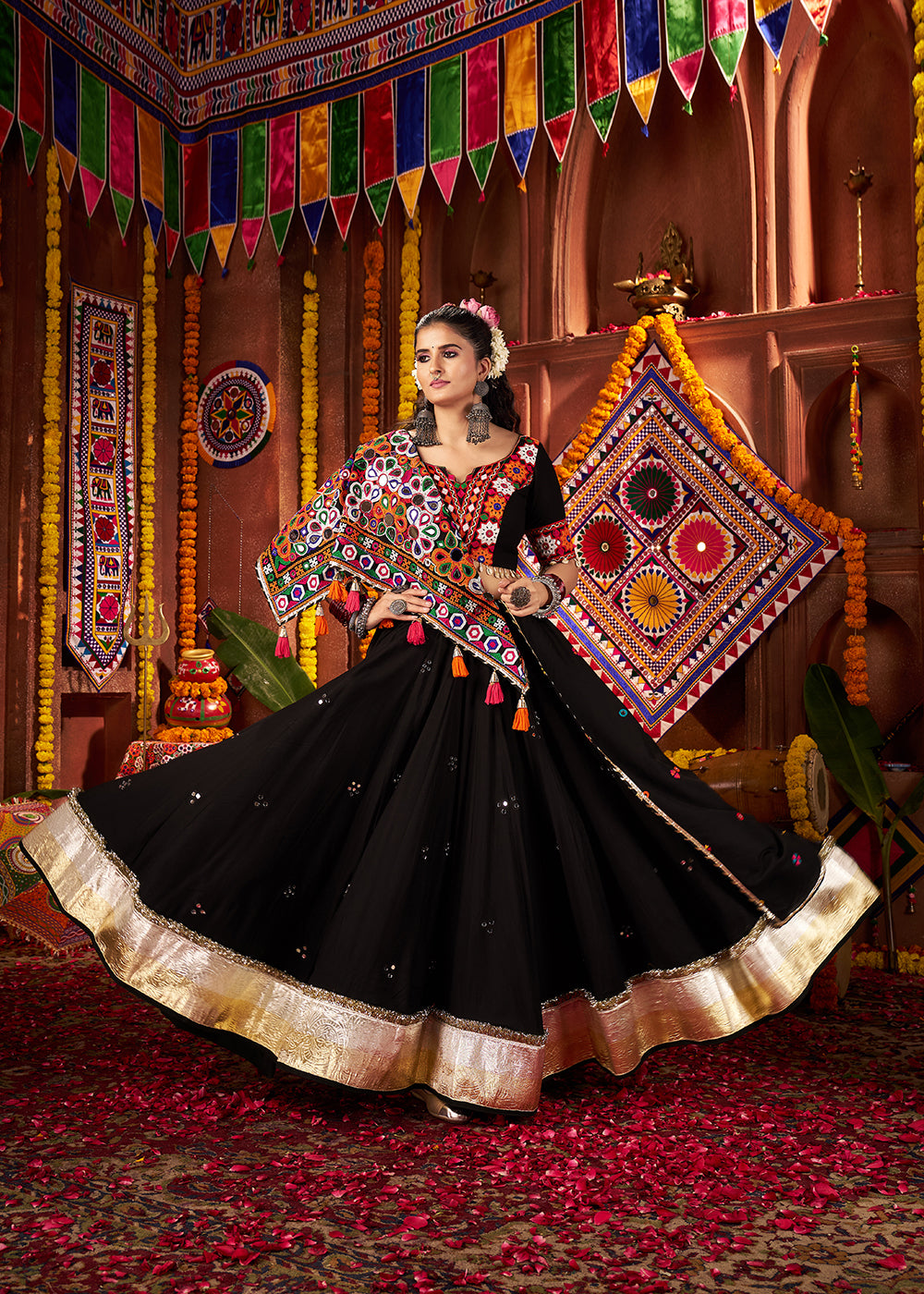 Buy Black Viscose Cotton Mirror Chaniya Choli for Navratri Online in US, UK, Canada, France, Germany, Italy, Singapore, Austria, UAE & Worldwide at Empress.