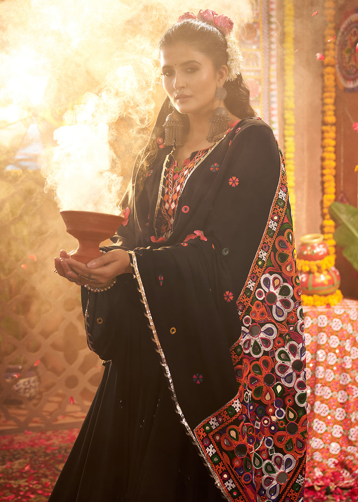 Buy Black Viscose Cotton Mirror Chaniya Choli for Navratri Online in US, UK, Canada, France, Germany, Italy, Singapore, Austria, UAE & Worldwide at Empress.