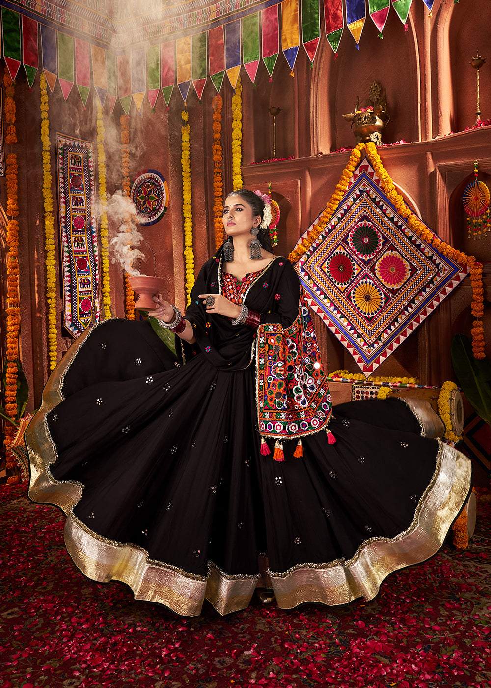 Buy Black Viscose Cotton Mirror Chaniya Choli for Navratri Online in US, UK, Canada, France, Germany, Italy, Singapore, Austria, UAE & Worldwide at Empress.