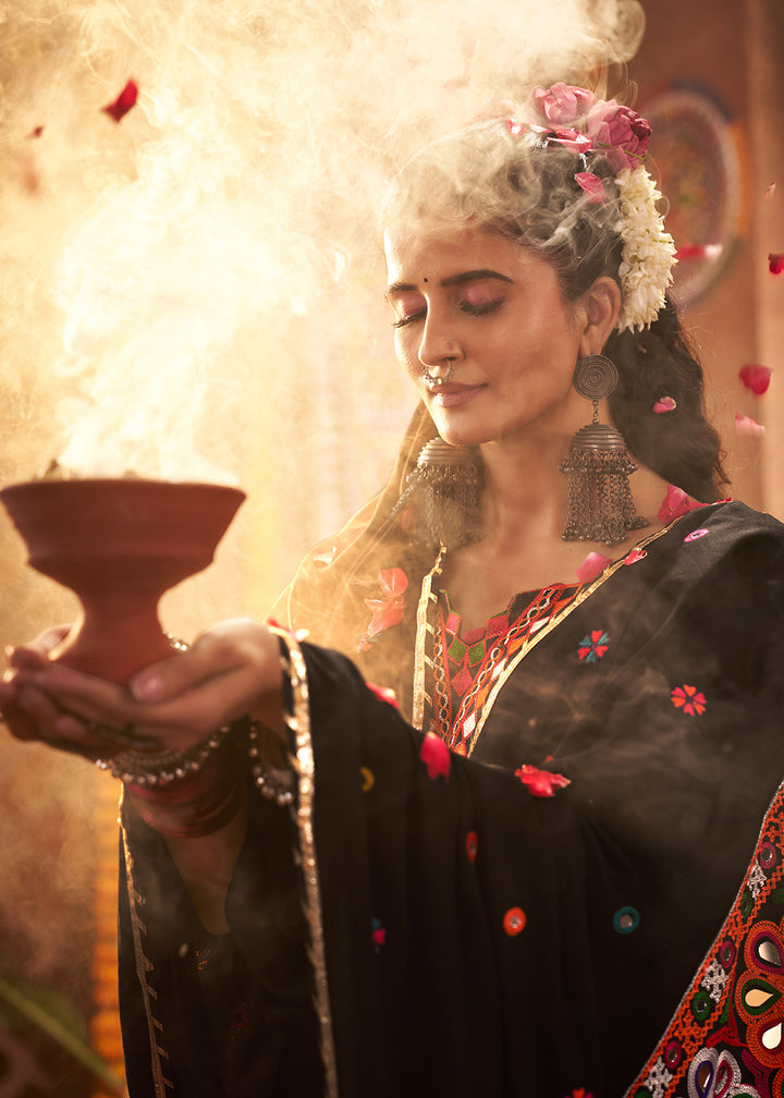 Buy Black Viscose Cotton Mirror Chaniya Choli for Navratri Online in US, UK, Canada, France, Germany, Italy, Singapore, Austria, UAE & Worldwide at Empress.