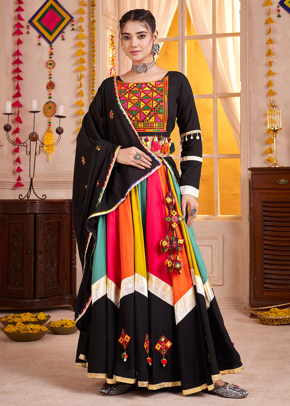 Buy Multicolor Black Chaniya Choli in Multicolor Black for Navratri Online in US, UK, Canada, France, Germany, Italy, Singapore, Austria & Worldwide at Empress.