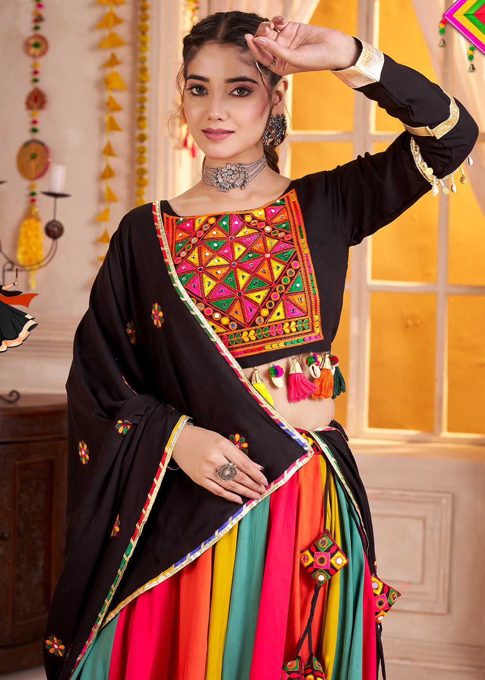 Buy Multicolor Black Chaniya Choli in Multicolor Black for Navratri Online in US, UK, Canada, France, Germany, Italy, Singapore, Austria & Worldwide at Empress.