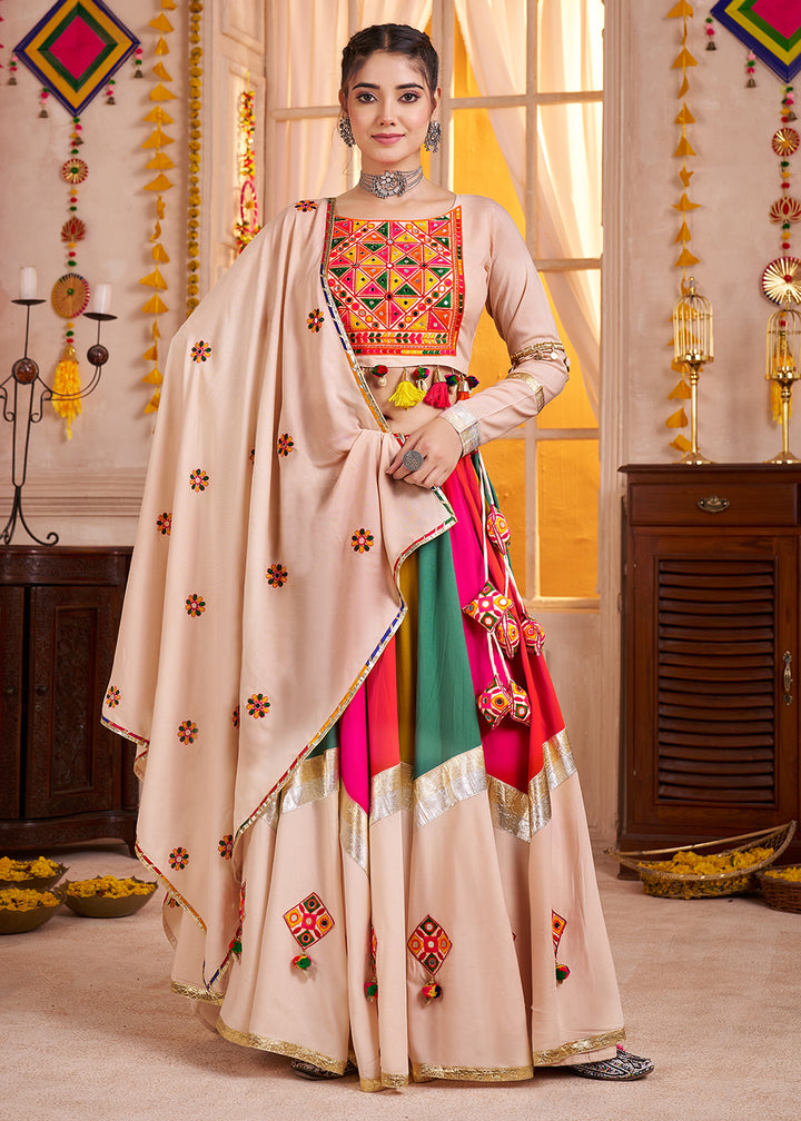 Buy Cotton Chaniya Choli in Multicolor Beige for Navratri Online in US, UK, Canada, France, Germany, Italy, Singapore, Austria, UAE & Worldwide at Empress.