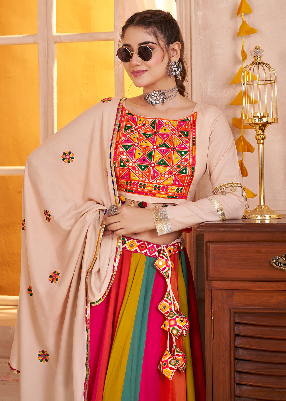 Buy Cotton Chaniya Choli in Multicolor Beige for Navratri Online in US, UK, Canada, France, Germany, Italy, Singapore, Austria, UAE & Worldwide at Empress.