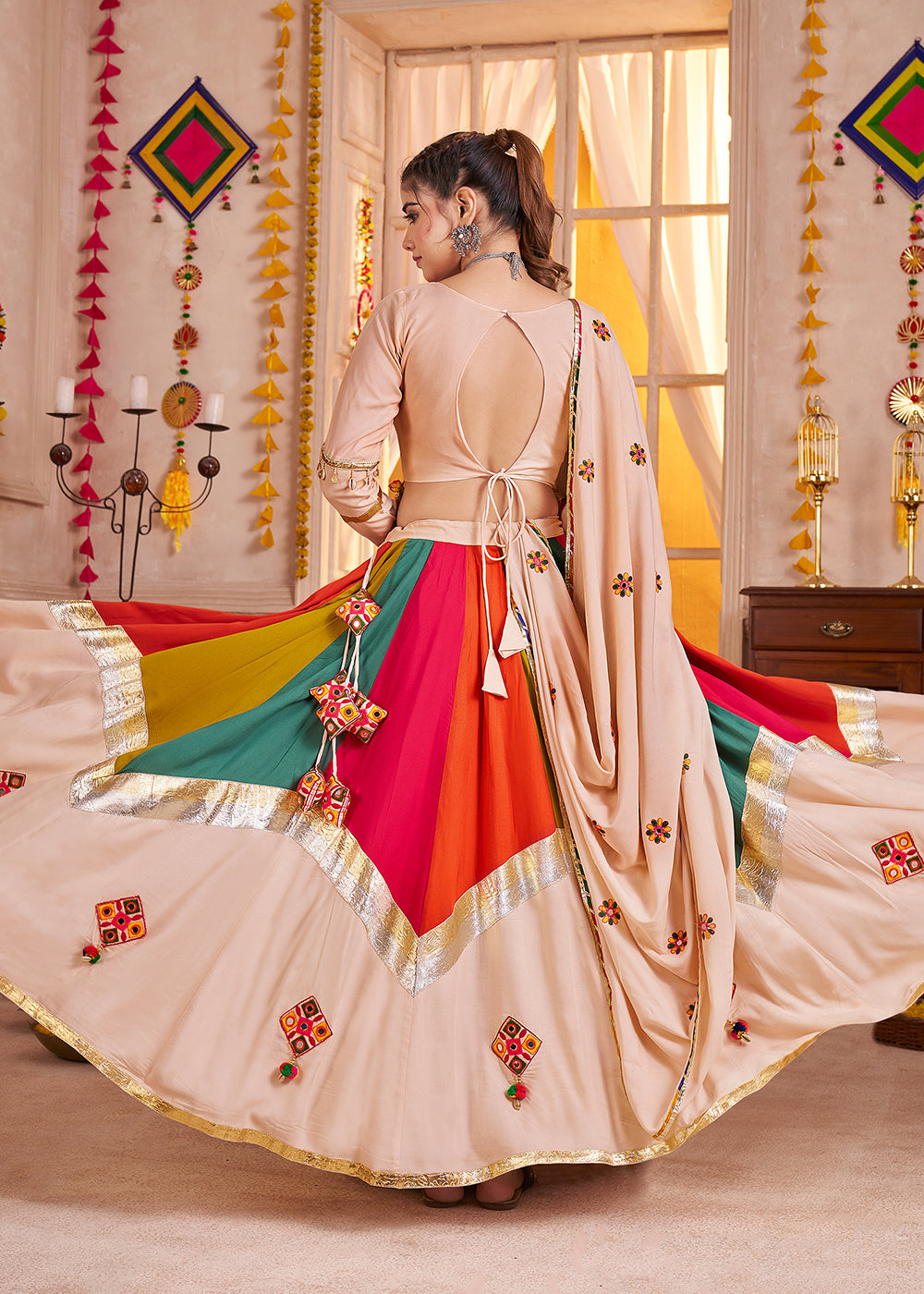 Buy Cotton Chaniya Choli in Multicolor Beige for Navratri Online in US, UK, Canada, France, Germany, Italy, Singapore, Austria, UAE & Worldwide at Empress.