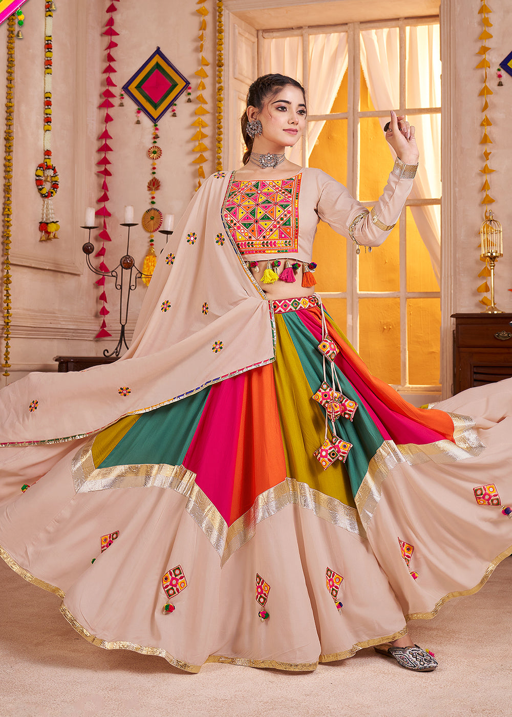 Buy Cotton Chaniya Choli in Multicolor Beige for Navratri Online in US, UK, Canada, France, Germany, Italy, Singapore, Austria, UAE & Worldwide at Empress.