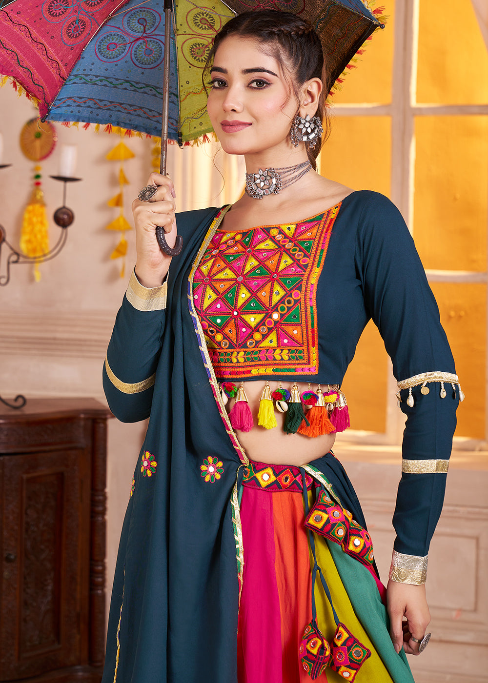 Buy Cotton Chaniya Choli in Multicolor Blue for Navratri Online in US, UK, Canada, France, Germany, Italy, Singapore, Austria, UAE & Worldwide at Empress.