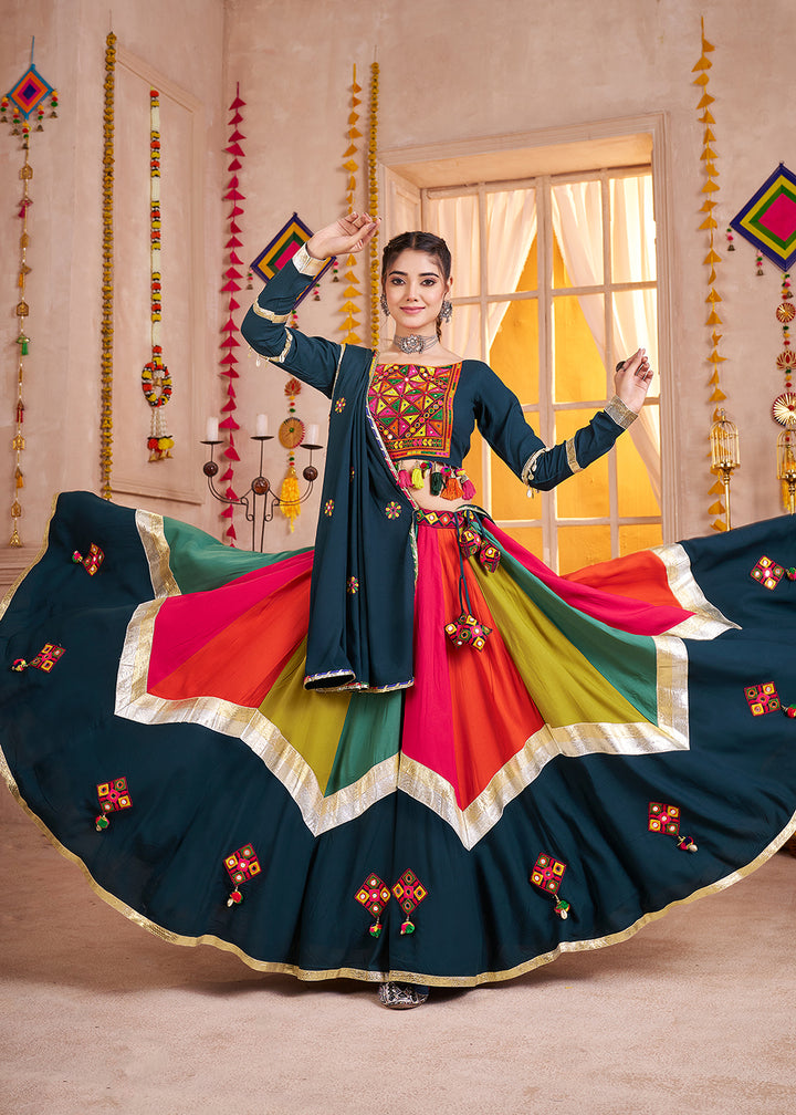 Buy Cotton Chaniya Choli in Multicolor Blue for Navratri Online in US, UK, Canada, France, Germany, Italy, Singapore, Austria, UAE & Worldwide at Empress.