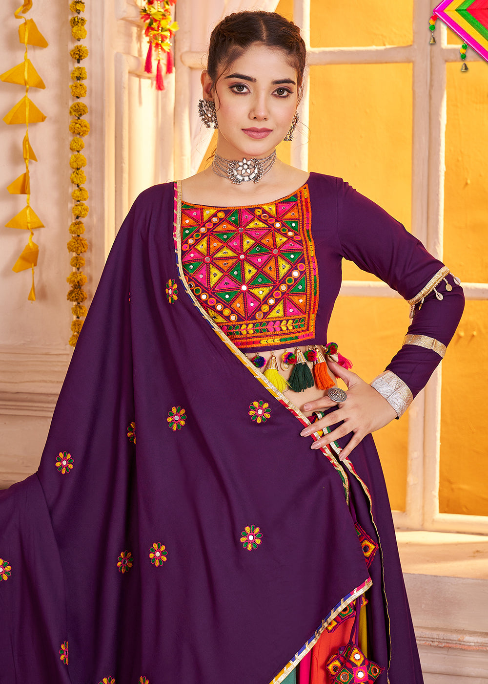 Buy Cotton Chaniya Choli in Multicolor Purple for Navratri Online in US, UK, Canada, France, Germany, Italy, Singapore, Austria, UAE & Worldwide at Empress.