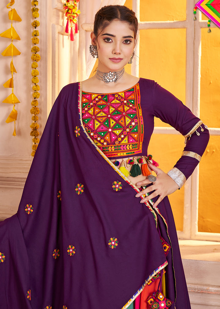 Buy Cotton Chaniya Choli in Multicolor Purple for Navratri Online in US, UK, Canada, France, Germany, Italy, Singapore, Austria, UAE & Worldwide at Empress.