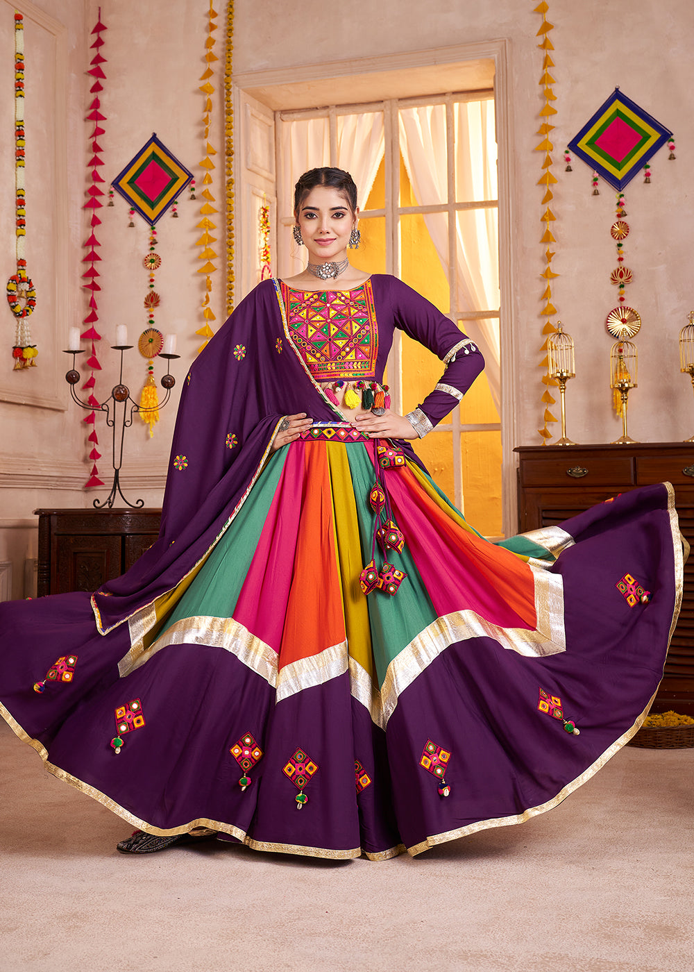 Buy Cotton Chaniya Choli in Multicolor Purple for Navratri Online in US, UK, Canada, France, Germany, Italy, Singapore, Austria, UAE & Worldwide at Empress.
