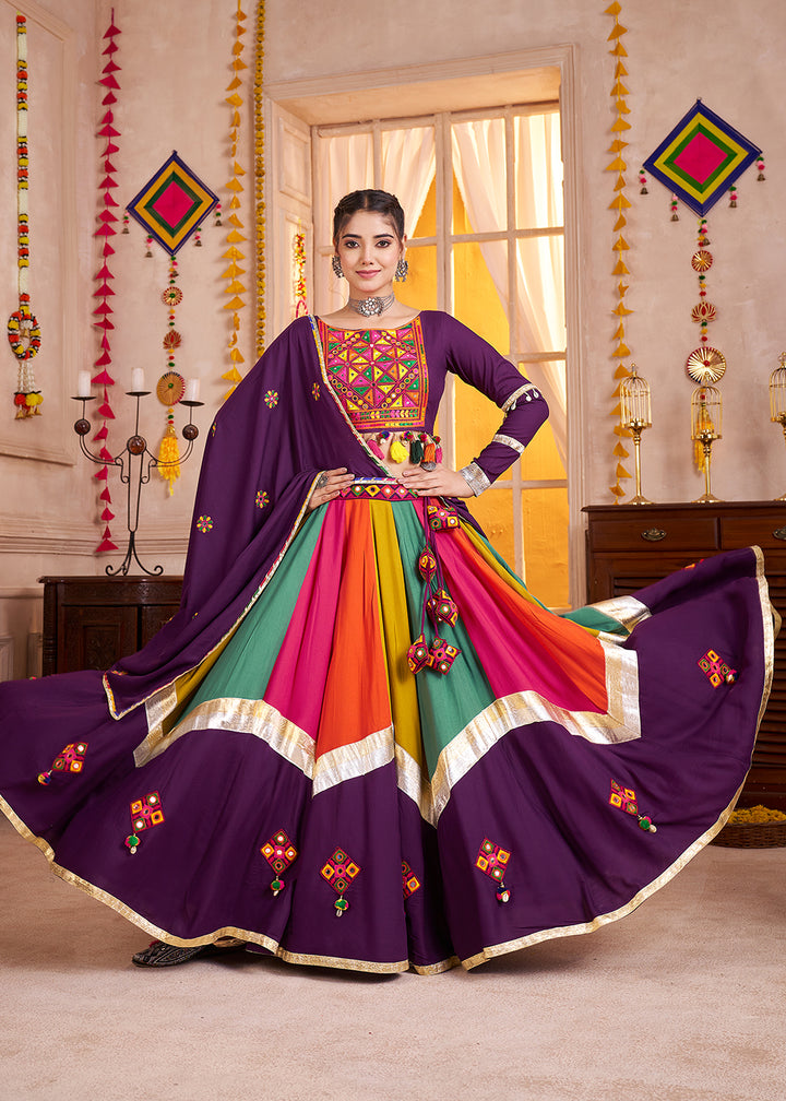 Buy Cotton Chaniya Choli in Multicolor Purple for Navratri Online in US, UK, Canada, France, Germany, Italy, Singapore, Austria, UAE & Worldwide at Empress.
